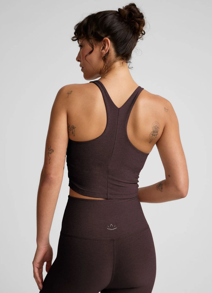 Beyond Yoga Spacedye Refocus Cropped Tank Top in Dark Chocolate Heather Back View