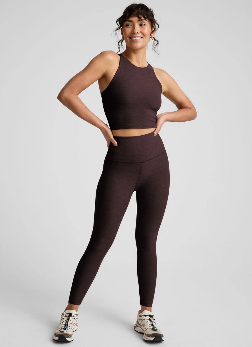 Beyond Yoga Spacedye Refocus Cropped Tank Top in Dark Chocolate Heather Full Length Front View