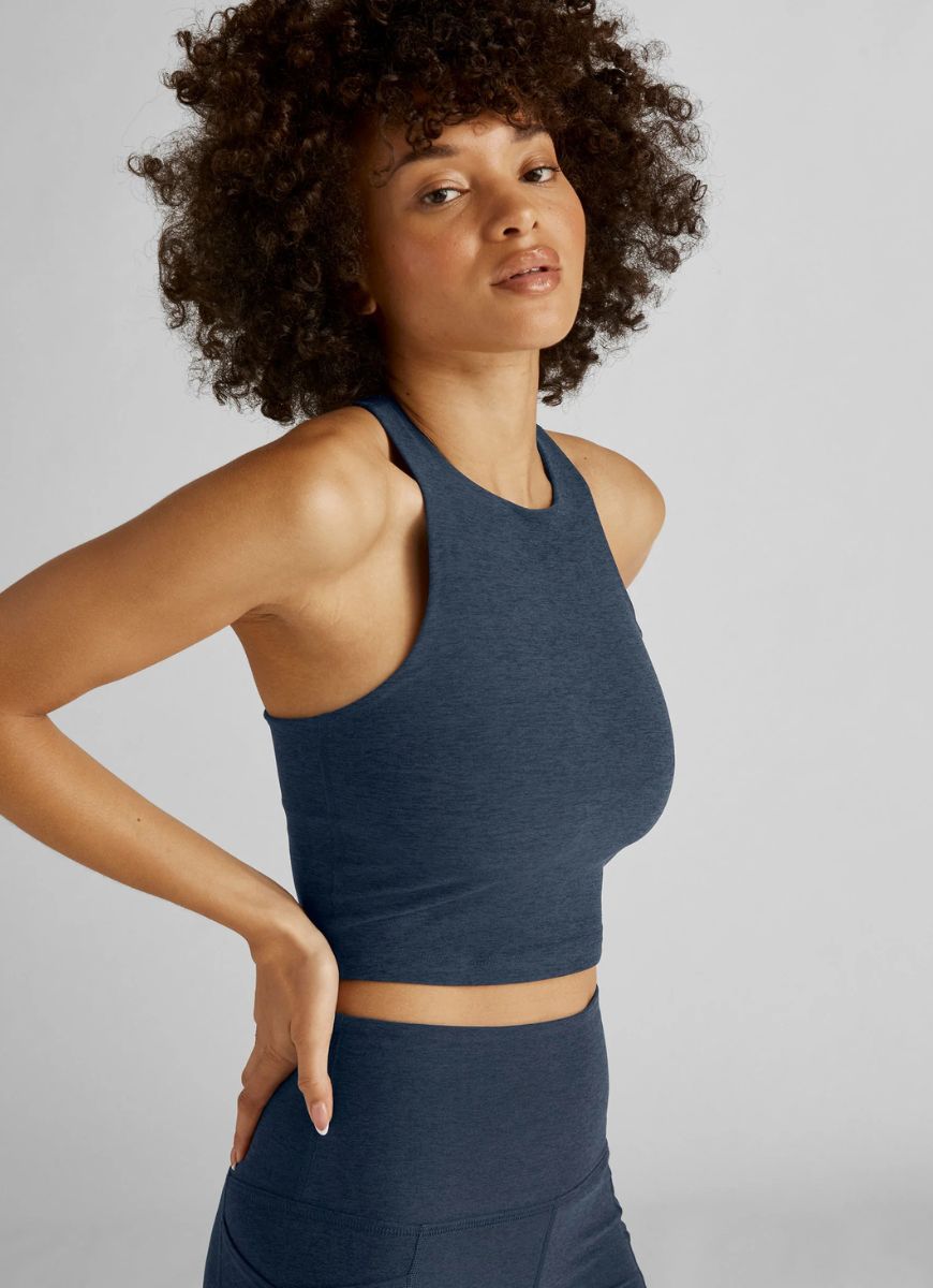 Beyond Yoga Spacedye Refocus Cropped Tank in Navy Angled Side View