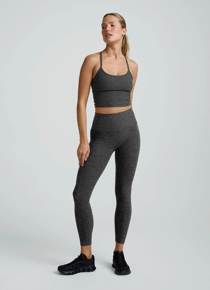 Beyond Yoga Spacedye Slim Racerback Cropped Tank Top in Black Charcoal Full Length Front View
