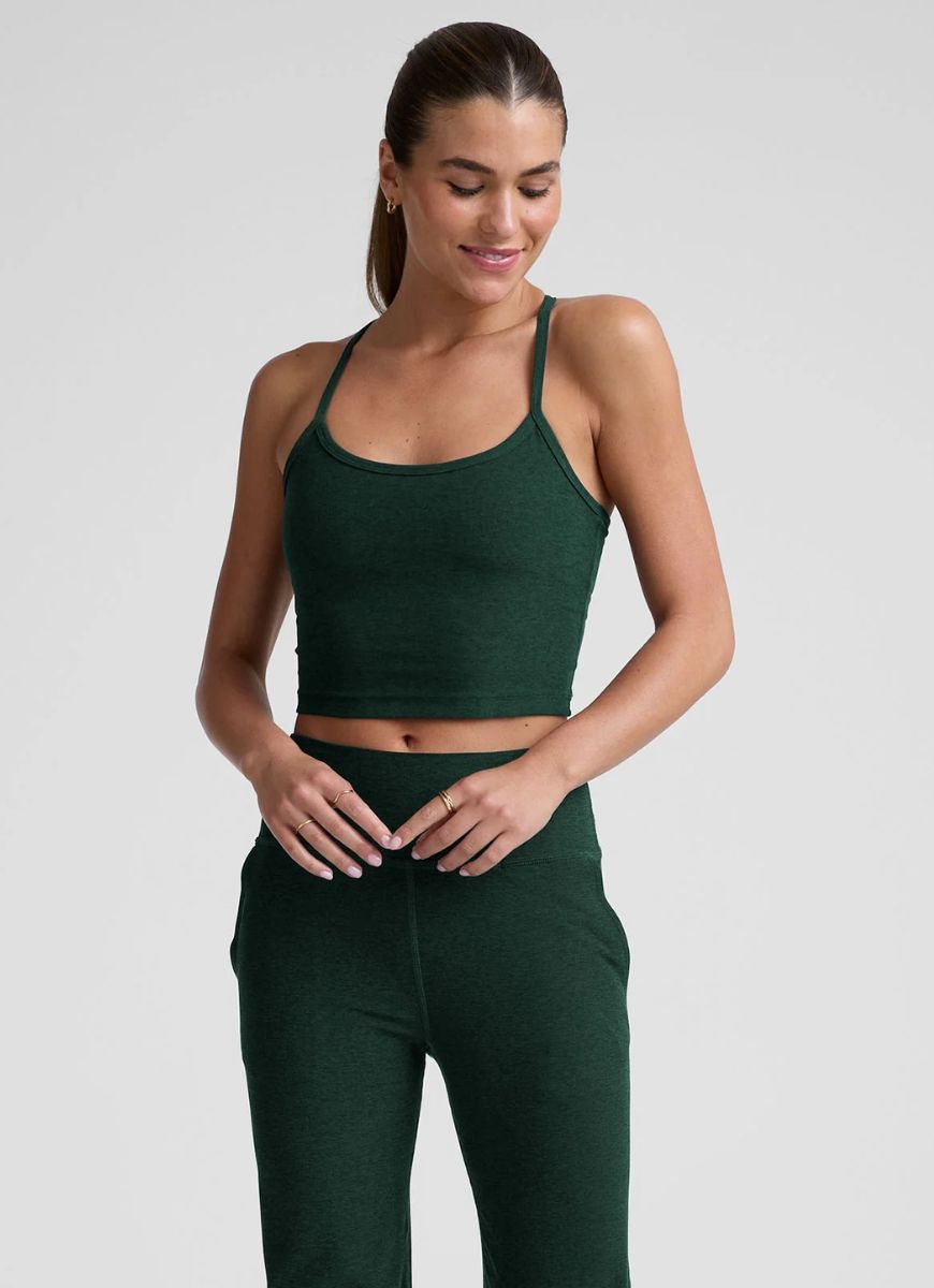 Beyond Yoga Spacedye Slim Racerback Crop Tank in Dark Green Heather Front View