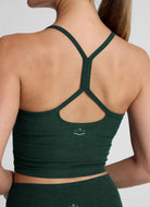 Beyond Yoga Spacedye Slim Racerback Crop Tank in Dark Green Heather Close Up Back View