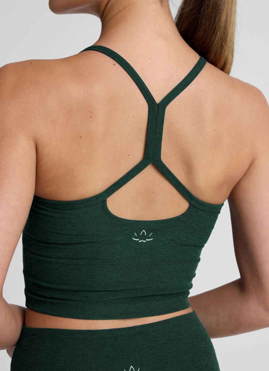 Beyond Yoga Spacedye Slim Racerback Crop Tank in Dark Green Heather Close Up Back View