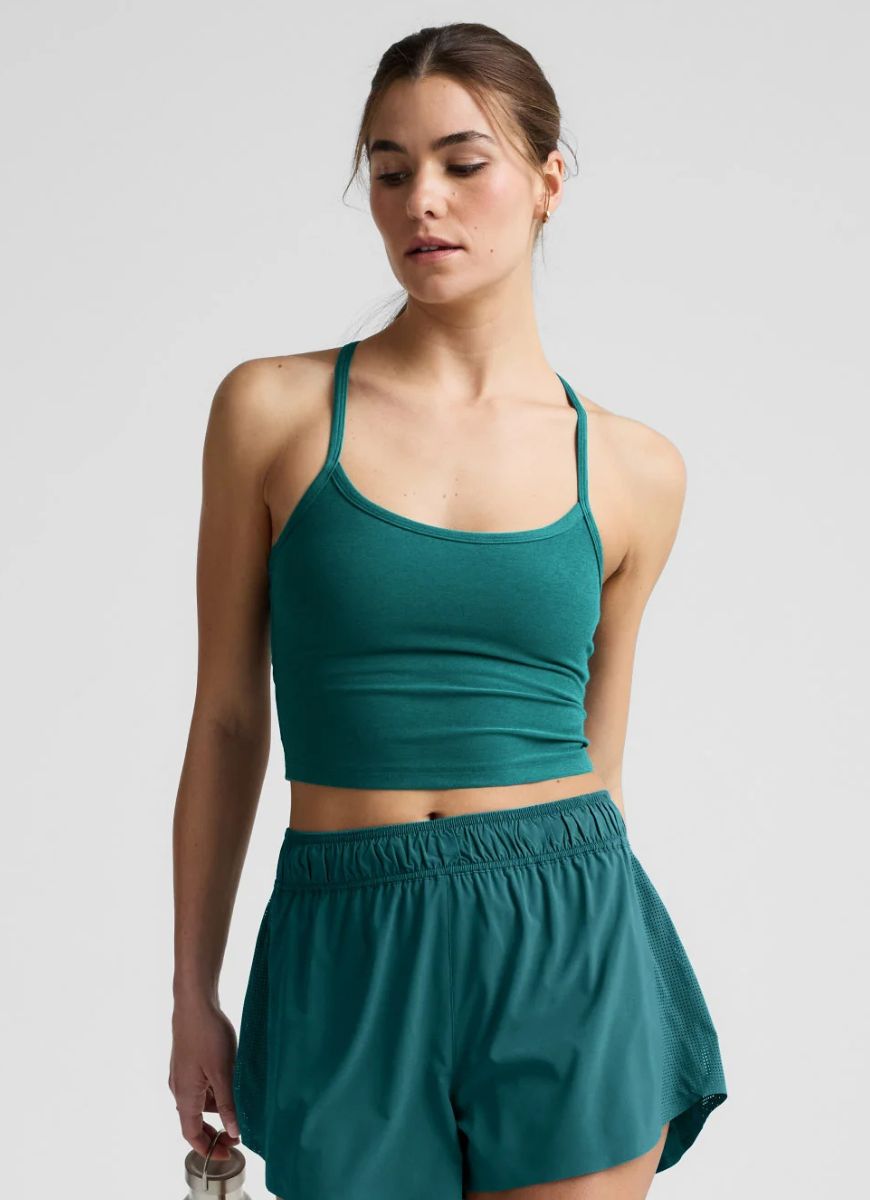 Beyond Yoga Spacedye Slim Racerback Cropped Tank in Teal Sea Heather Front View