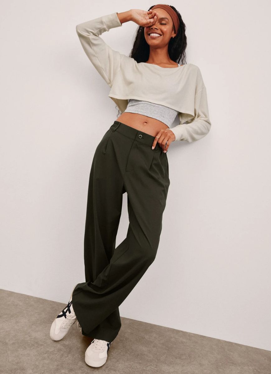 Beyond Yoga Status Wide Leg Trousers in Olive Ink