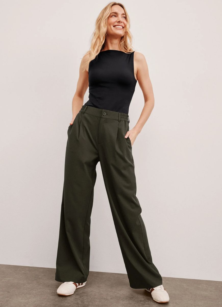 Beyond Yoga Status Wide Leg Trousers in Olive Ink Full Length Front View