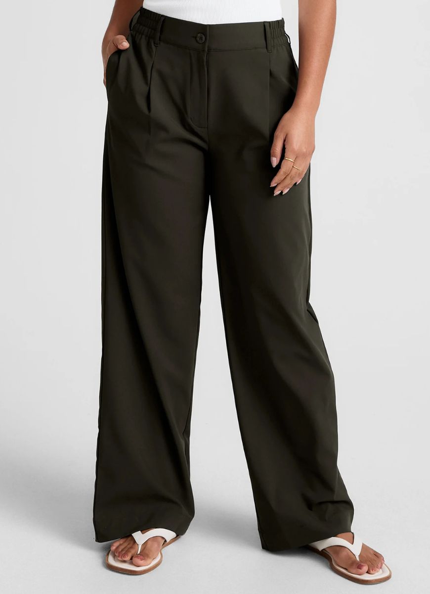 Beyond Yoga Status Wide Leg Trousers in Olive Ink Front View