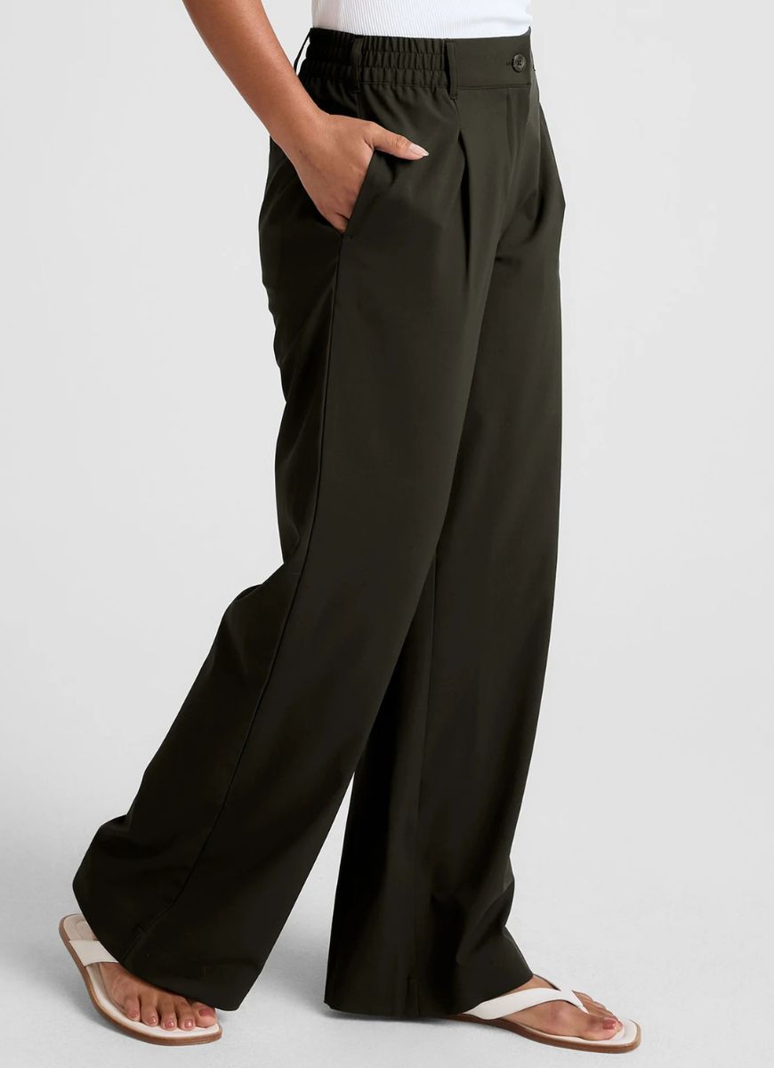 Beyond Yoga Status Wide Leg Trousers in Olive Ink Side View With Hand in Pocket