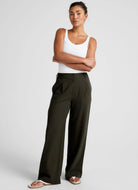 Beyond Yoga Status Wide Leg Trousers in Olive Ink Full Length Front View