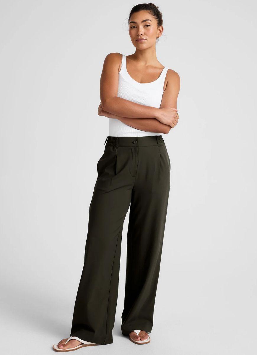 Beyond Yoga Status Wide Leg Trousers in Olive Ink Full Length Front View