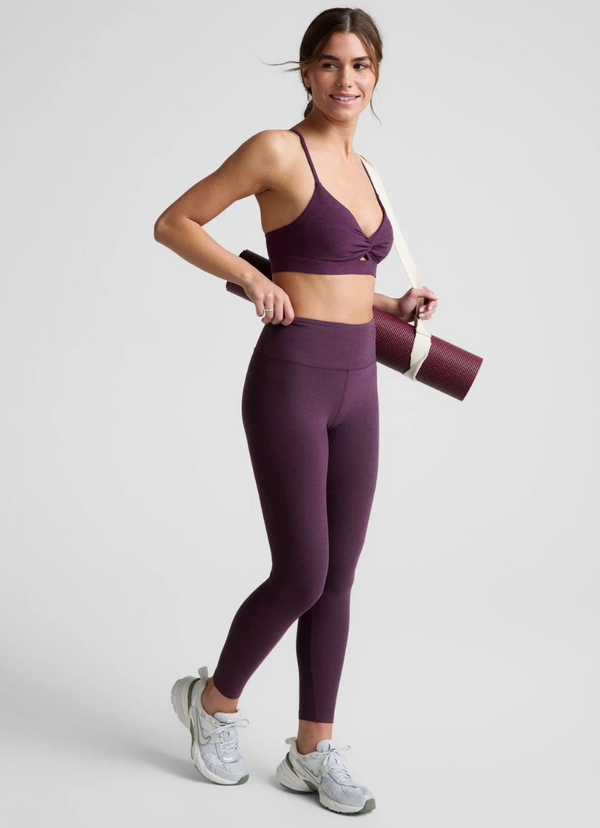 Beyond Yoga Twist Front Strappy Sports Bra in Brilliant Blackberry Full Length Angled Front and Side View