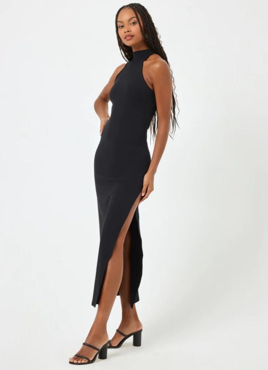 LSPACE Cherie Ribbed Dress in Black Full Length Angled Side View