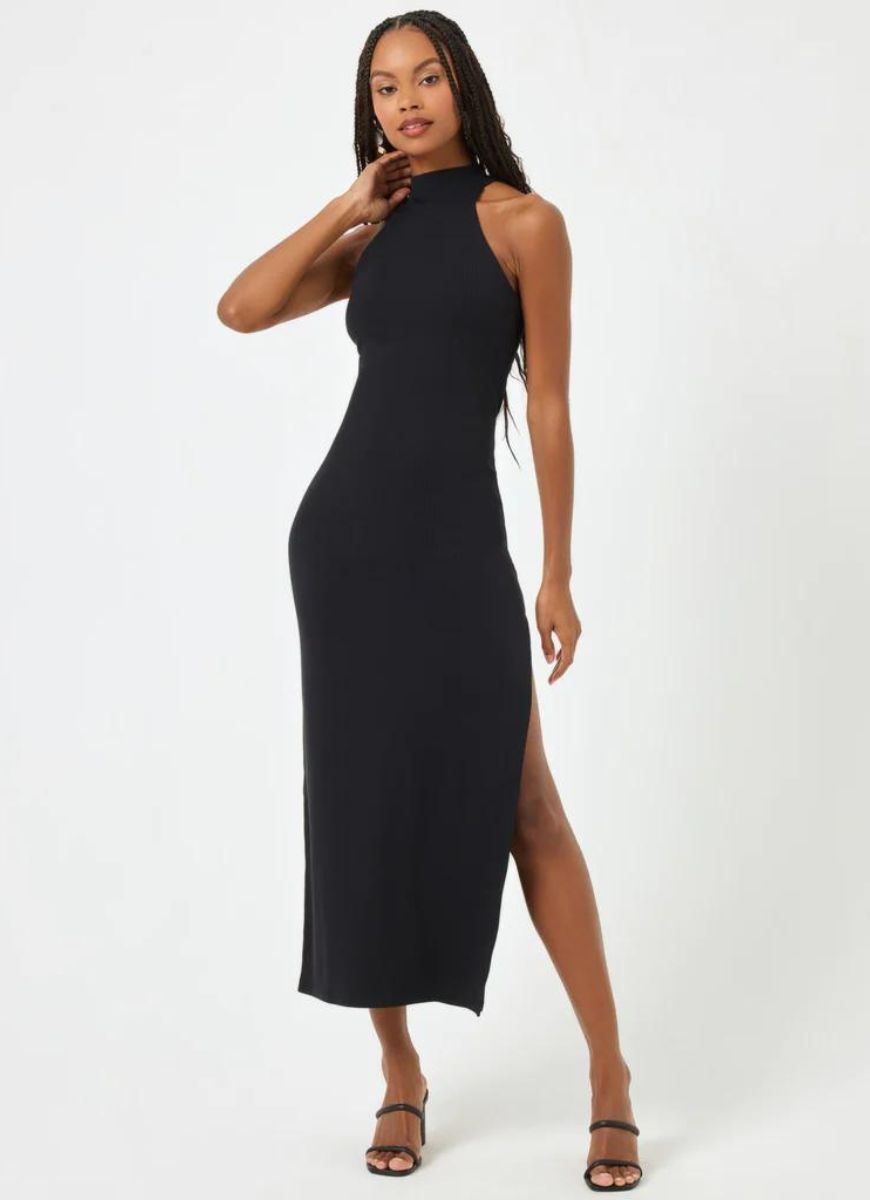 LSPACE Cherie Ribbed Dress in Black Full Length Front View