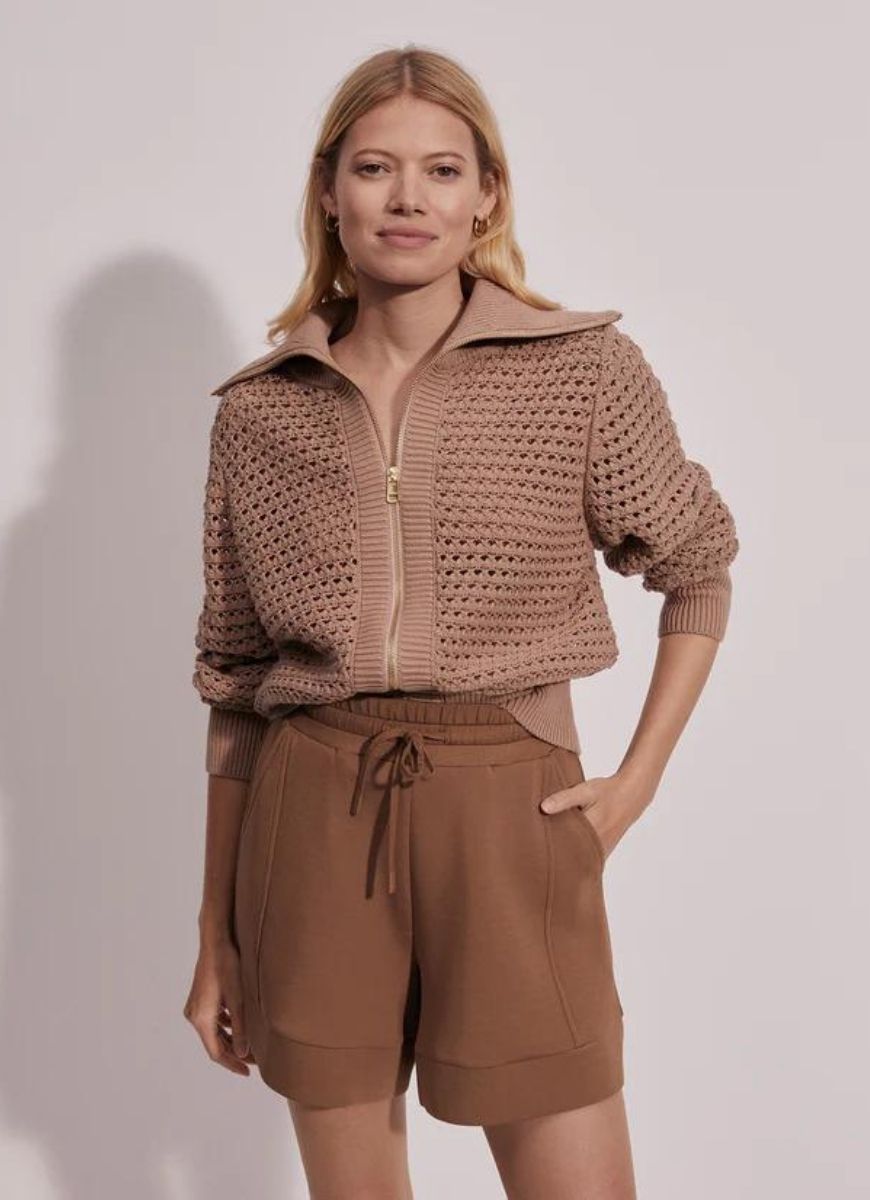 Varley Eloise Zip-Through Knit Top in Warm Taupe