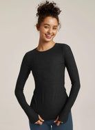Beyond Yoga Featherweight Classic Crew Pullover in Darkest Night Waist Up Front View