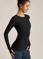 Beyond Yoga Featherweight Classic Crew Pullover in Darkest Night Waist Up Side View