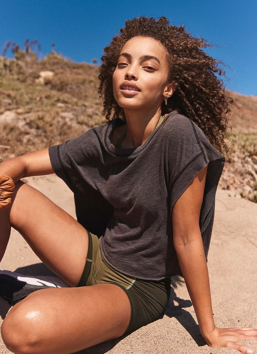 Free People My Time Tee in Black Model Sitting Down
