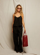 perfectwhitetee Georgette Woven Linen Pant in Black Front View
