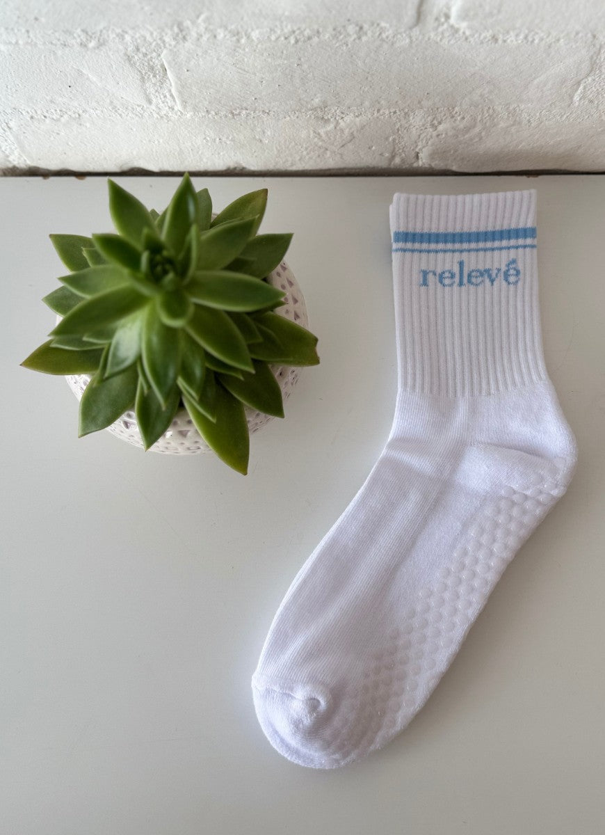 relevé Grip Socks in White with Blue Logo