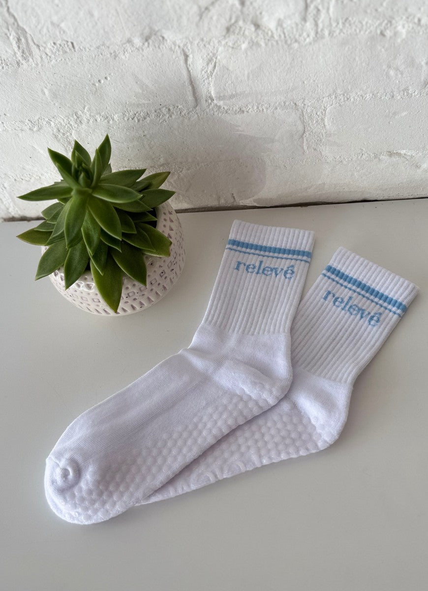 relevé Grip Socks in White with Blue Logo Two Sock View