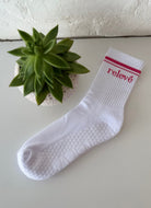 relevé Grip Socks in White with Pink Logo Top View Showing Grips