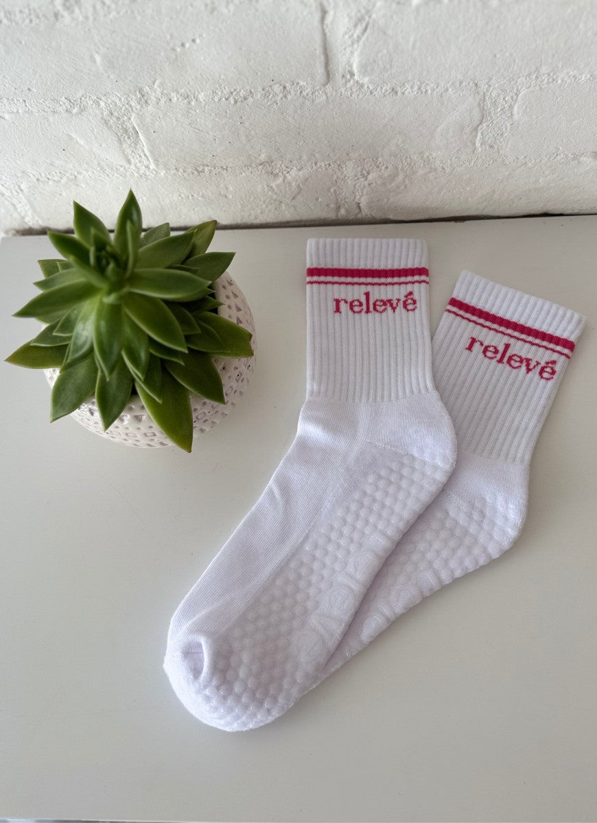 relevé Grip Socks in White with Pink Logo Two Sock View
