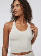 Vuori Halo Performance Crop Tank 2.0 in Ecru Heather Close Up Front View