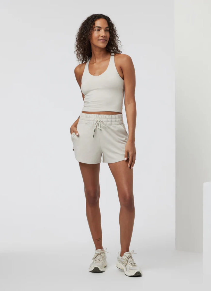 Vuori Halo Performance Crop Tank 2.0 in Ecru Heather Full Length Front View