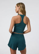 Vuori Halo Performance Crop Tank 2.0 in Moss Heather Back View