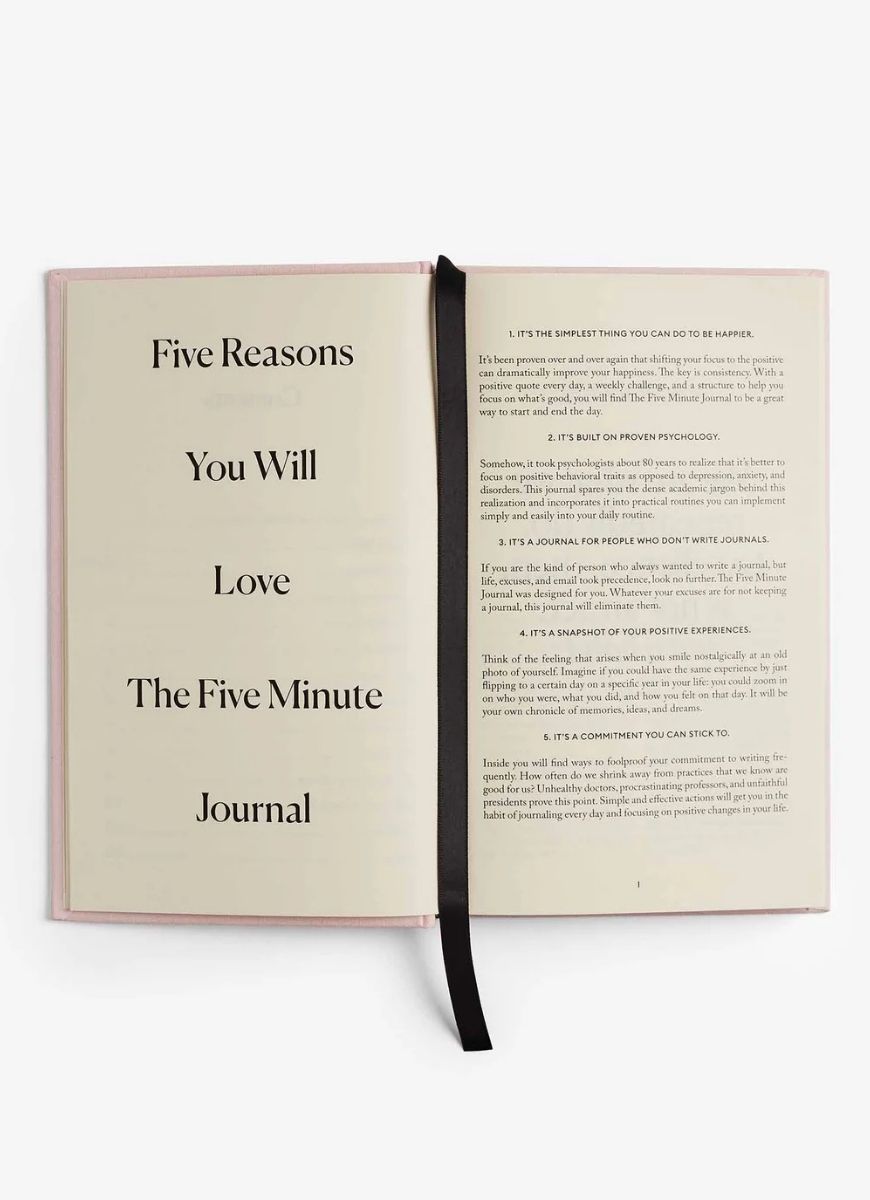 Intelligent Change The Five Minute Journal in Blush Pink Open Showing the Ribbon Bookmark