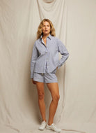 perfectwhitetee James Poplin Button Down in Chambray Stripe Full Length Front View