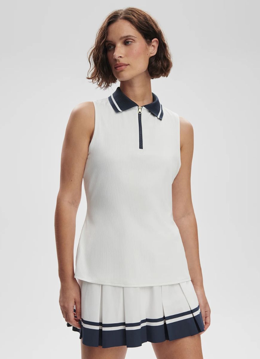 Varley Jerry Performance Tank Top in White/Blue Nights Front View