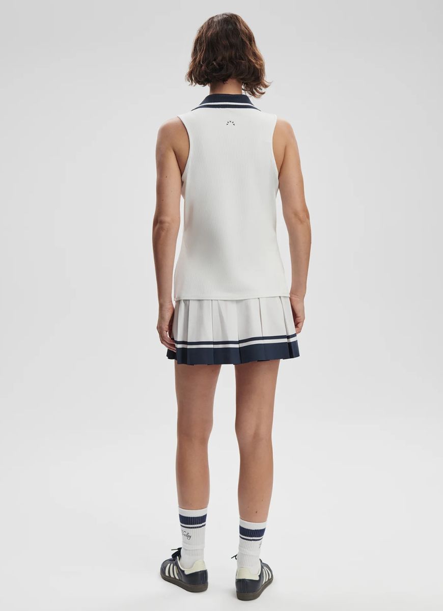 Varley Jerry Performance Tank Top in White/Blue Nights Full Length Back View