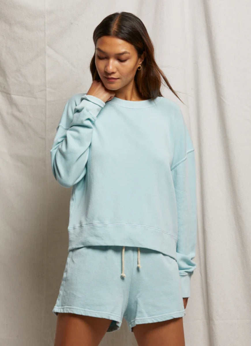 perfectwhitetee Layla French Terry Sweatshort in Iced Aqua Front View