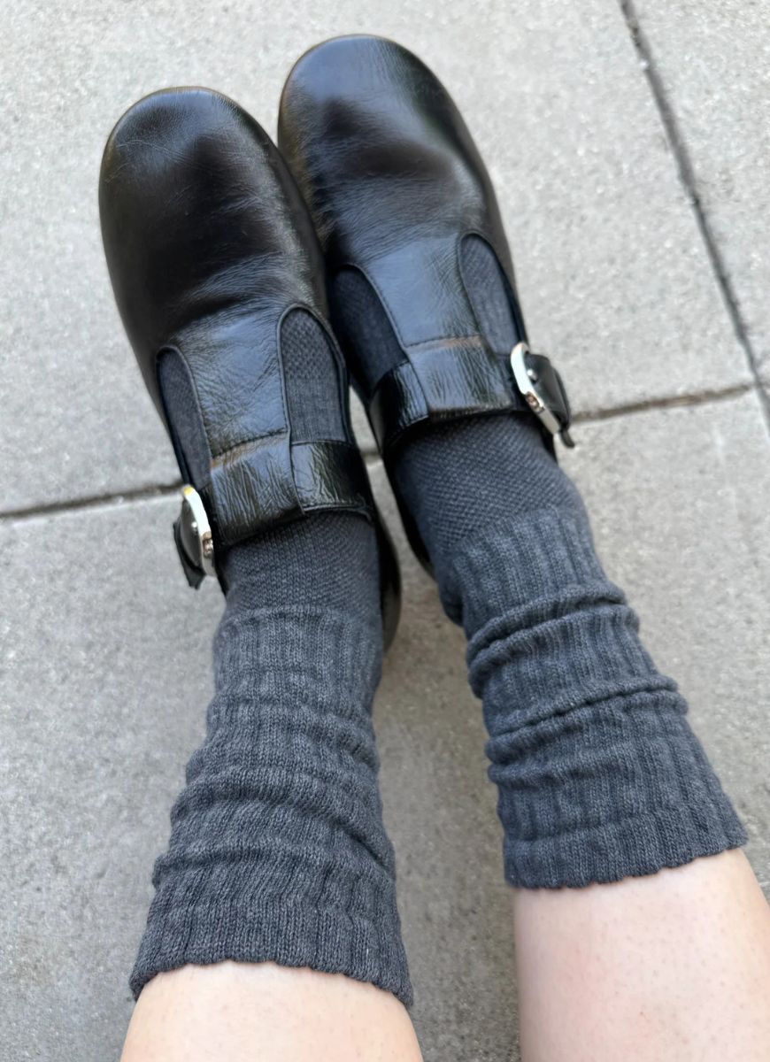 Le Bon Shoppe Ballet Socks in Charcoal Shown on Feet in Shoes