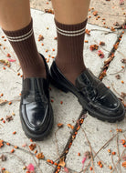 Le Bon Shoppe Boyfriend Socks in Wood Shown on Feet in Loafer Shoes