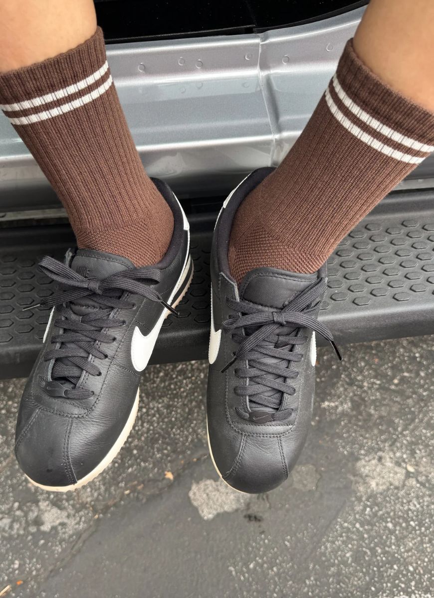 Le Bon Shoppe Boyfriend Socks in Wood Shown on Feet in Sneakers