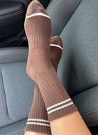 Le Bon Shoppe Boyfriend Socks in Wood Shown on Feet Crossed