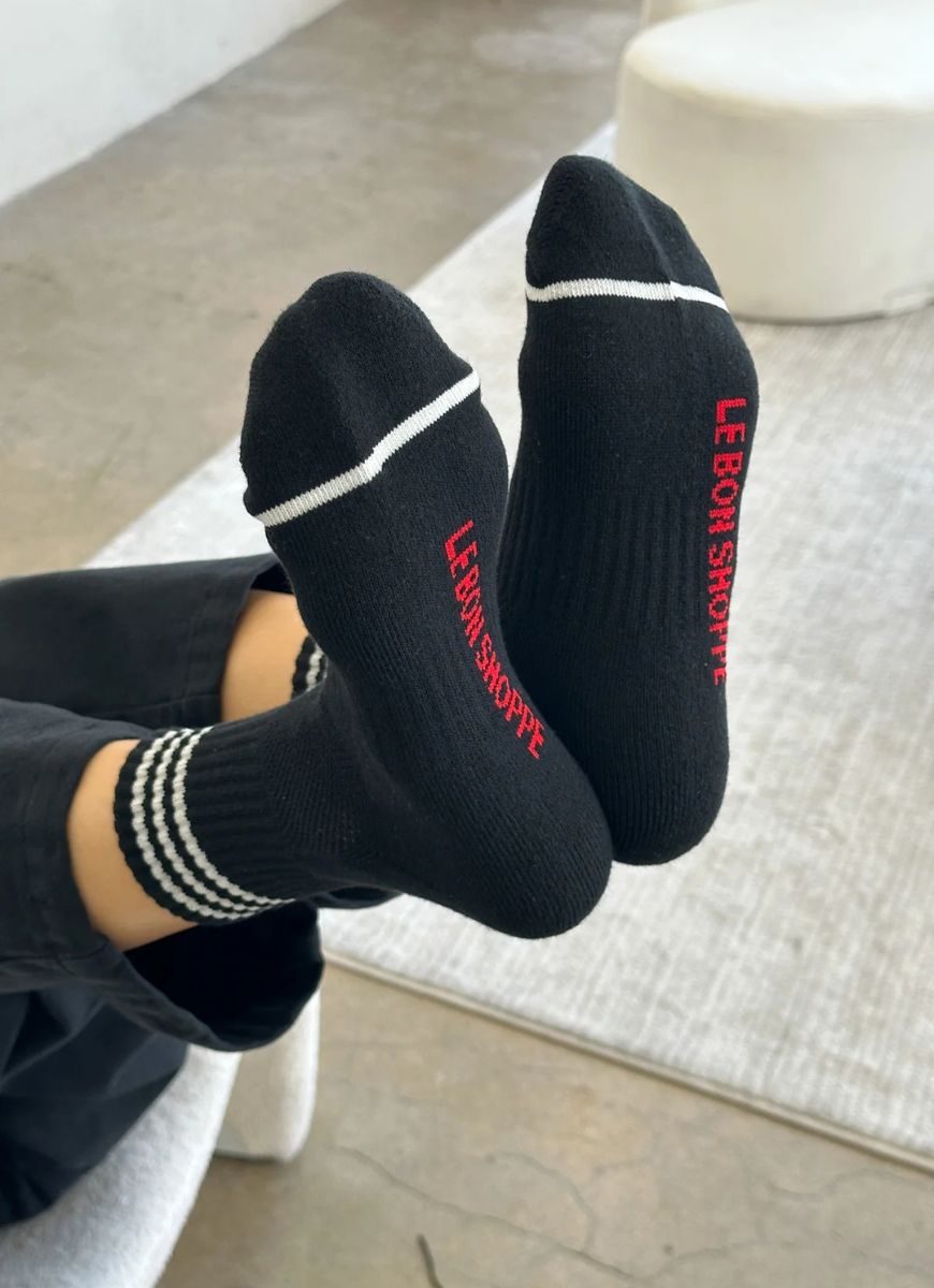 Le Bon Shoppe Girlfriend Socks in Black Showing Bottoms of Feet