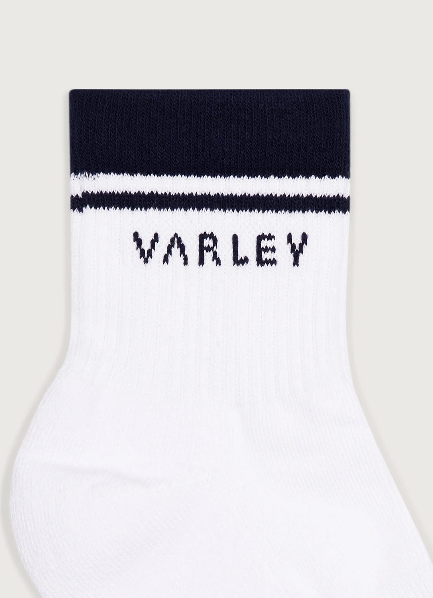 Varley Lenni Half Crew Sock in White/Blue Nights Close Up View of Logo