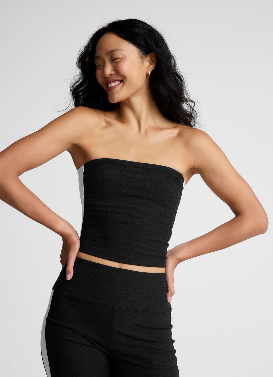 Beyond Yoga Spacedye Line Up Strapless Cropped Top Front View