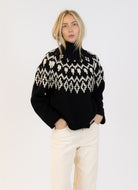 Lyla + Luxe Aggie Fairisle Crewneck Pullover Sweater in Black/White Front View