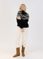 Lyla + Luxe Aggie Fairisle Crewneck Pullover Sweater in Black/White Full Length Front View