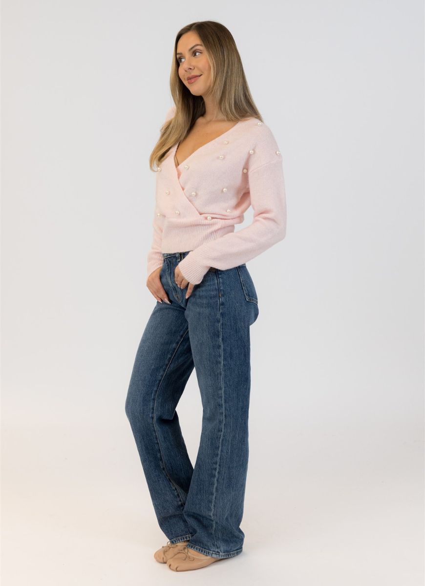 Lyla + Luxe Azalea Wrap Sweater in Pink Full Length Front and Side View