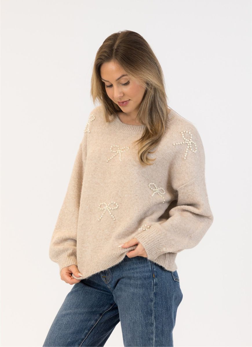 Lyla + Luxe Bows Crewneck Pullover Sweater in Beige Front and Side View