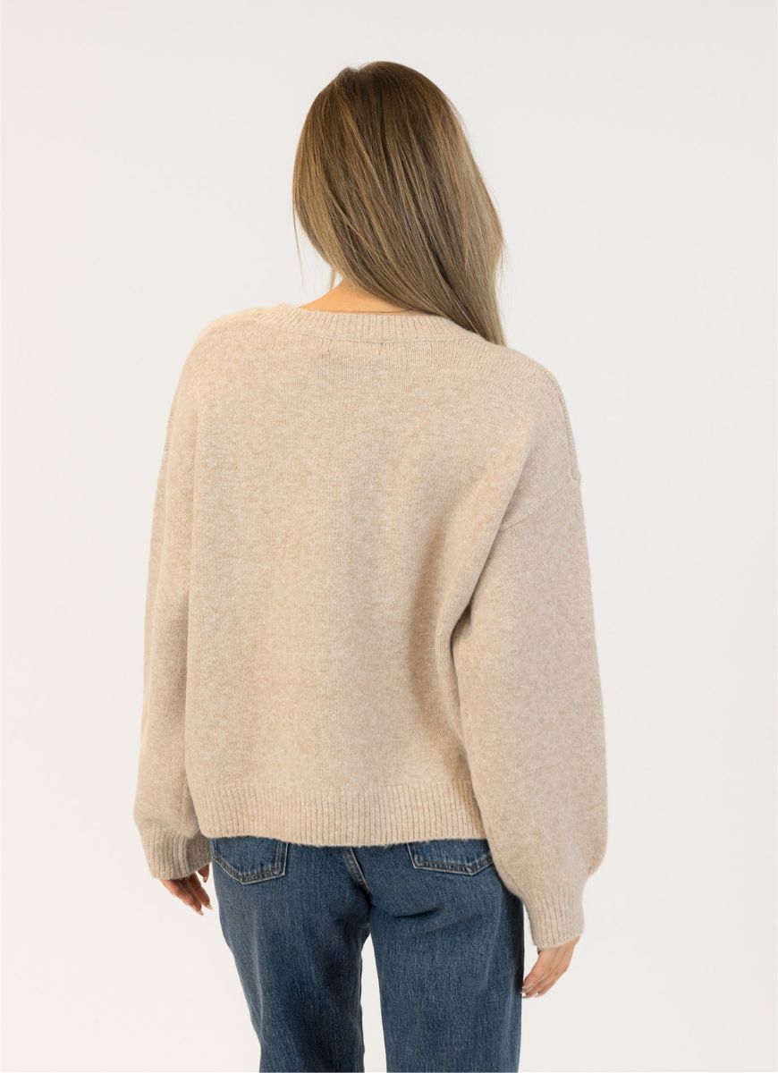 Lyla + Luxe Bows Crewneck Pullover Sweater in Beige Back View