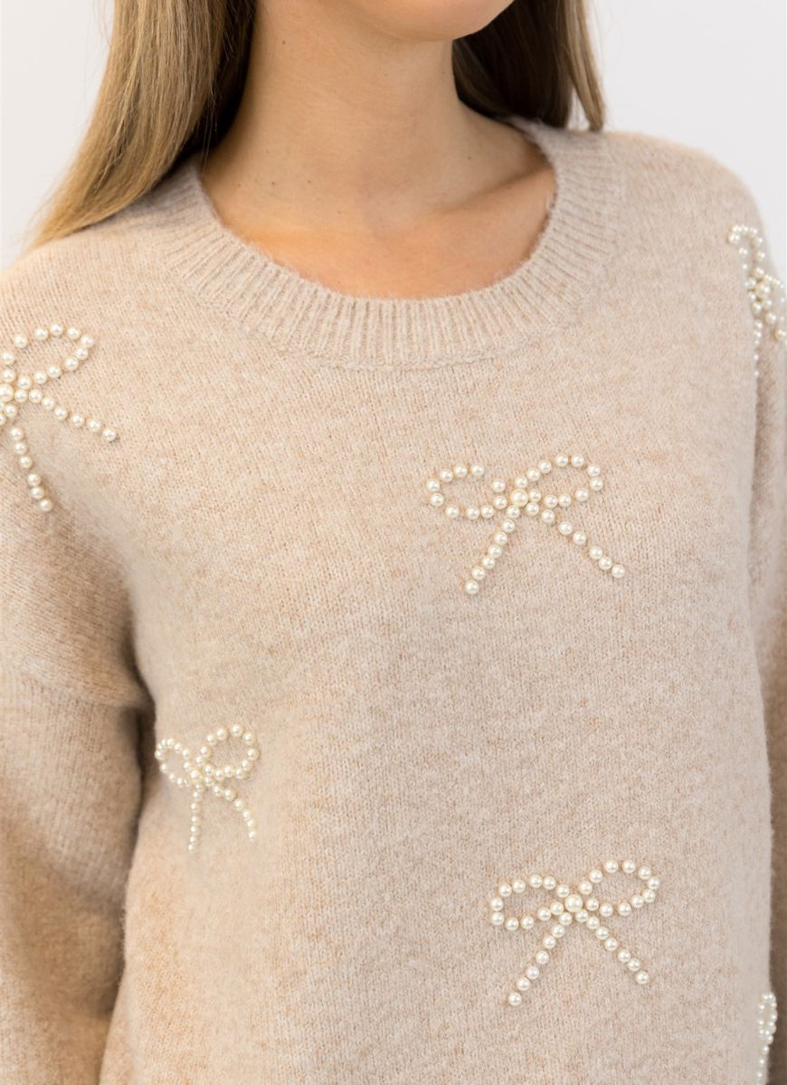 Lyla + Luxe Bows Crewneck Pullover Sweater in Beige Close Up Front View
