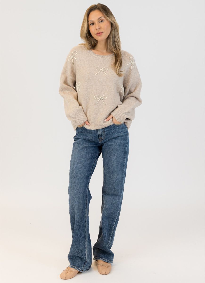 Lyla + Luxe Bows Crewneck Pullover Sweater in Beige Full Length Front View
