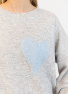 Lyla + Luxe Heart Pullover Sweater in Light Grey/Blue Close Up View of Heart