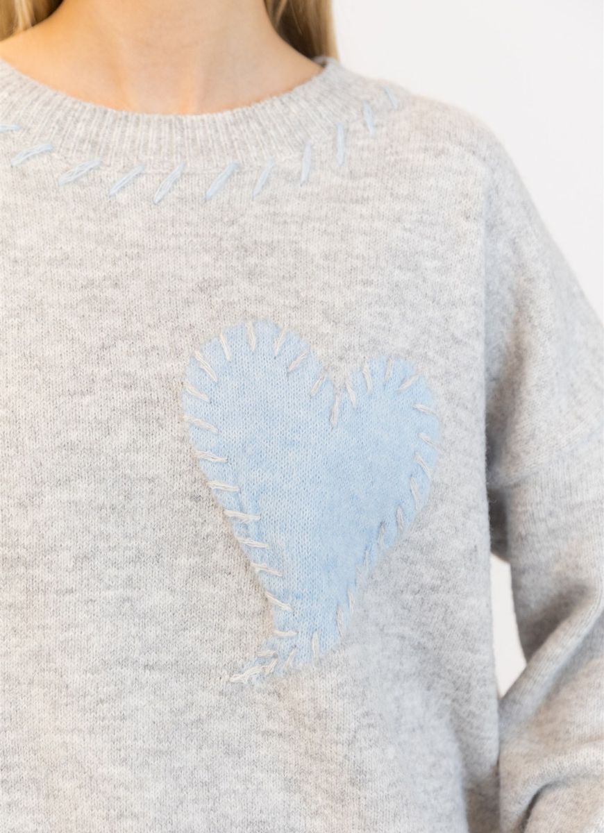 Lyla + Luxe Heart Pullover Sweater in Light Grey/Blue Close Up View of Heart